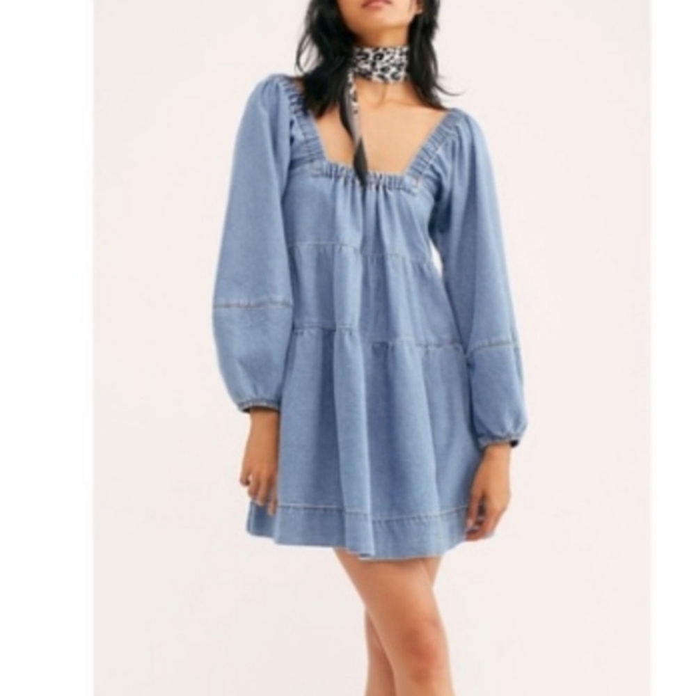 Free People Light Blue Denim Babydoll Mini Dress